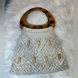 vintage boho macrame woven hobo crochet purse bag with wooden handles
